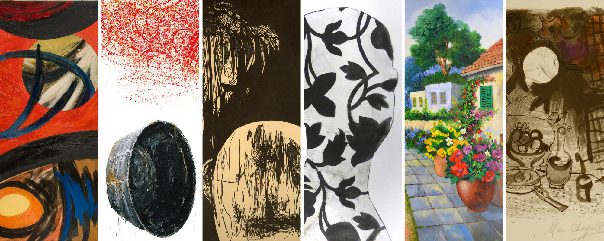 Collage of six different works of art from the GVSU Art Museum Collection that relate to the theme of The Holocaust.